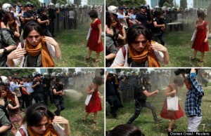 Combo photo of Turkish riot policeman using tear gas against woman as people protest against destruction of trees in park in Istanbul